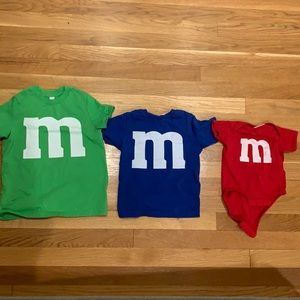 M&M Shirts. Halloween. Green: toddler size 5/6. Blue: 3T. Red: 6 months